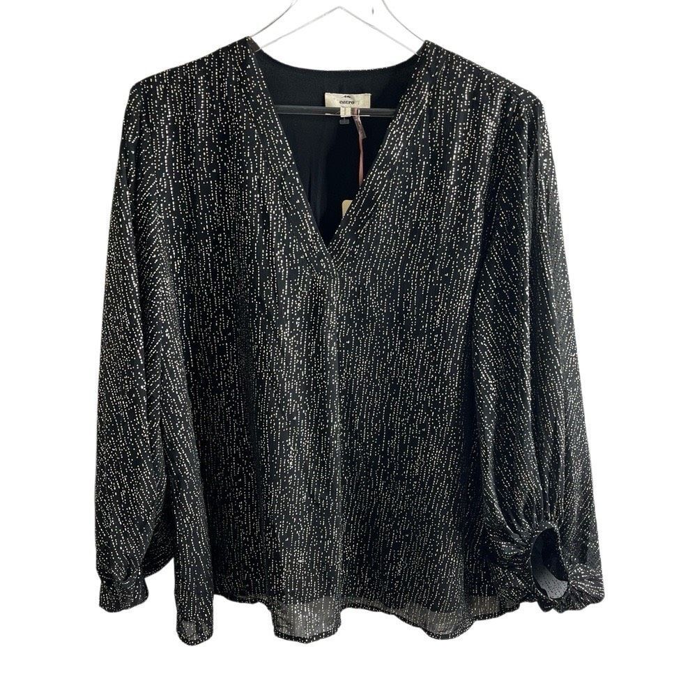 Entro V-Neck Long Sleeve‎ Black Gold Speckled Top size large Balloon Sleeve NWT
